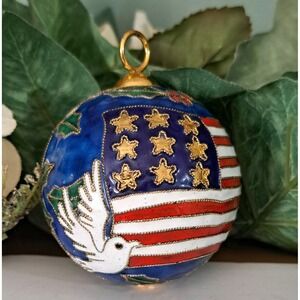 VTG Christmas Cloisonne Ball Ornament Gold Enamel Cobalt Blue American Flag